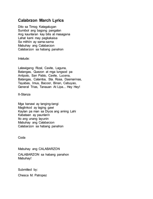 Calabrzon march lyrics PDF
