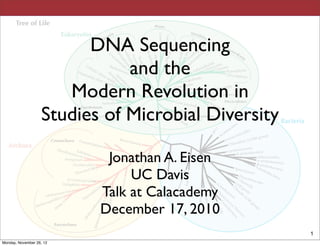 DNA Sequencing
                              and the
                      Modern Revolution in
                   Studies of Microbial Diversity

                           Jonathan A. Eisen
                               UC Davis
                          Talk at Calacademy
                          December 17, 2010
                                                    1
Monday, November 26, 12
 