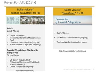 17UC SANTA CRUZ | THE NATURE CONSERVANCY
Reefs
Wind-Waves
• Global coral reefs
• Mexico Quintana Roo Mesoamerican
Reef
• USA territories – High Res (ongoing)
• Puerto Morelos – High Res (ongoing)
Coastal Vegetation: Wetland &
Mangroves
Storm Surge
• US-Sandy (Lloyd’s, RMS)
• Philippines Mangroves (World Bank-
WAVES; ongoing)
• Global Mangroves (ongoing)
• Gulf of Mexico
• US Mexico – Quintana Roo (ongoing)
• Reef and Wetland restoration cases
http://oceanwealth.org
http://maps.coastalresilience.org
Project Portfolio (2014+)
Dollar-value of
existing ecosystems for RR
Dollar-value of
“New Green” for RR
 