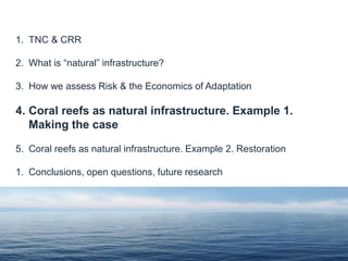 1. TNC & CRR
2. What is “natural” infrastructure?
3. How we assess Risk & the Economics of Adaptation
4. Coral reefs as natural infrastructure. Example 1.
Making the case
5. Coral reefs as natural infrastructure. Example 2. Restoration
1. Conclusions, open questions, future research
 