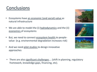 Conclusions
• Ecosystems have an economic (and social) value as
natural infrastructure
• We are able to model the (i) hydrodynamics and the (ii)
economics of ecosystems
• But, we need to connect ecosystem health to people-
value (e.g. environmental degradation increases risk)
• And we need pilot studies to design innovative
approaches
• There are also significant challenges…. (shift in planning, regulatory
framework, knowledge gaps, financing, etc).
 