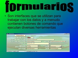 • Son interfaces que se utilizan para
trabajar con los datos y a menudo
contienen botones de comando que
ejecutan diversas herramientas
 