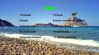 ÍNDEX
1-Portada 7-Fauna
2-Índex 8-Usos i serveis de la platja
3-Introducció 9-Problemàtica
4-Localització 10-Conclusió
5-Característiques 11-Opinió personal
6-Flora
 