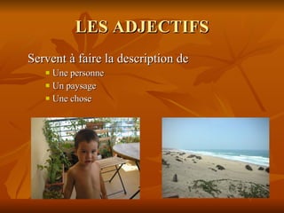 LES ADJECTIFS Servent à faire la description de  Une personne Un paysage Une chose 