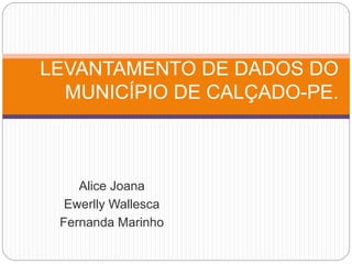 Alice Joana
Ewerlly Wallesca
Fernanda Marinho
LEVANTAMENTO DE DADOS DO
MUNICÍPIO DE CALÇADO-PE.
 