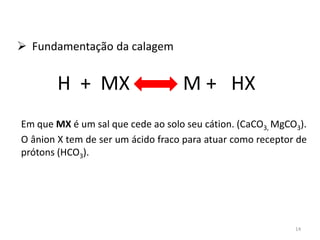  Fundamentação da calagem

H + MX

M + HX

Em que MX é um sal que cede ao solo seu cátion. (CaCO3, MgCO3).
O ânion X tem de ser um ácido fraco para atuar como receptor de
prótons (HCO3).

14

 