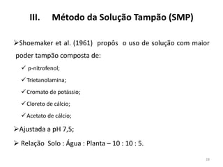 III.

Método da Solução Tampão (SMP)

Shoemaker et al. (1961) propôs o uso de solução com maior
poder tampão composta de:
 p-nitrofenol;

 Trietanolamina;
 Cromato de potássio;
 Cloreto de cálcio;
 Acetato de cálcio;

Ajustada a pH 7,5;
 Relação Solo : Água : Planta – 10 : 10 : 5.
28

 