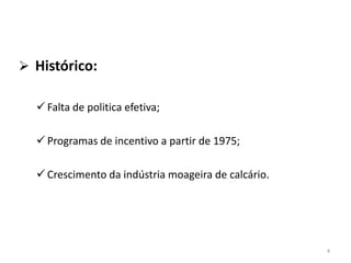  Histórico:
 Falta de politica efetiva;

 Programas de incentivo a partir de 1975;
 Crescimento da indústria moageira de calcário.

4

 