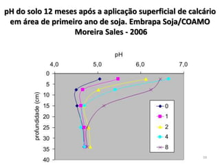 pH do solo 12 meses após a aplicação superficial de calcário
em área de primeiro ano de soja. Embrapa Soja/COAMO
Moreira Sales - 2006

59

 