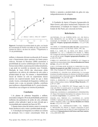 1164                                                         M. Veronese et al.



                                                                        fósforo e aumenta a produtividade de grãos de soja,
                                                                        independentemente da calagem.

                                                                                             Agradecimentos
                                                                           À Fundação de Apoio à Pesquisa Agropecuária de
                                                                        Mato Grosso, pelo apoio institucional, financeiro e de
                                                                        infraestrutura; à Fundação de Amparo à Pesquisa do
                                                                        Estado de São Paulo, por concessão de bolsa.

                                                                                                 Referências
                                                                        ALCÂNTARA, F.A. de; FURTINI NETO, A.E.; DE PAULA,
                                                                        M.B.; MESQUITA, H.A. de; MUNIZ, J.A. Adubação verde na
                                                                        recuperação da fertilidade de um Latossolo Vermelho‑Escuro
                                                                        degradado. Pesquisa Agropecuária Brasileira, v.35, p.277‑288,
                                                                        2000.
Figura 6. Correlação da produtividade de grãos, em função
                                                                        ALCARDE, J.C. Corretivos da acidez dos solos: características e
da concentração de fósforo em folhas de soja, sob efeito do
                                                                        interpretações técnicas. 2.ed. São Paulo: ANDA, 1992. 26p.
sistema de cultivo e da dose de calcário. **Significativo a
1% de probabilidade.                                                    BOER, C.A.; ASSIS, R.L. de; SILVA, G.P.; BRAZ, A.J.B.P.;
                                                                        BARROSO, A.L. de  L.; CARGNELUTTI FILHO, A.; PIRES,
                                                                        F.R. Ciclagem de nutrientes por plantas de cobertura na entressafra
                                                                        em um solo de cerrado. Pesquisa Agropecuária Brasileira, v.42,
milheto, é altamente eficiente na absorção de P, mesmo                  p.1269‑1276, 2007.
com o fornecimento deste nutriente em fontes pouco
                                                                        CAIRES, E.F.; BANZATO, D.A.; FONSECA, A.F. Calagem na
solúveis. Pavinato & Rosolem (2008) mostraram a                         superfície em sistema plantio direto. Revista Brasileira de Ciência
possibilidade de ocorrer solubilização de P do solo, de                 do Solo, v.24, p.161‑169, 2000.
formas menos lábeis, na presença de resíduos de plantas,                CAJU, J.; YUYAMA, M.M.; SUZUKI, S.; CAMACHO, S.A. (Ed.).
o que pode ter ocorrido no presente caso. Contudo,                      Boletim de pesquisa de soja 2008. Rondonópolis: Fundação MT,
Machado & Assis (2010) não observaram efeito                            2008. 254p. (Fundação MT. Boletim de pesquisa de soja, 12).
significativo de cultivos de cobertura do solo sobre a                  CALONEGO, J.C.; FOLONI, J.S.S.; ROSOLEM, C.A. Lixiviação
produtividade da soja. No  entanto, a disponibilidade                   de potássio da palha de plantas de cobertura em diferentes estádios
                                                                        de senescência após a dessecação química. Revista Brasileira de
inicial de fósforo no solo no experimento desses
                                                                        Ciência do Solo, v.29, p.99‑108, 2005.
autores era expressivamente maior do que a deste
                                                                        COSTA, A.; ROSOLEM, C.A. Liming in the transition to no‑till
estudo. Assim, a introdução de braquiária e milheto em
                                                                        under a wheat‑soybean rotation. Soil and Tillage Research, v.97,
rotação com a soja, no presente trabalho, contribuiu                    p.207‑217, 2007.
para melhorar a disponibilidade de P e, possivelmente,                  CRUSCIOL, C.A.; SORATTO, R.P. Nitrogen supply for cover
intensificou sua ciclagem no sistema de produção.                       crops and effects on peanut grown in succession under a no‑till
                                                                        system. Agronomy Journal, v.101, p.41‑46, 2009.
                         Conclusões                                     FEHR, W.R.; CAVINESS, C.E.; BURMOOD, D.T.; PENNINGTON,
                                                                        J.S. Stage of development descriptions for soybeans, Glycine max
   1. As plantas de cobertura braquiária e milheto,                     (L.) Merrill. Crop Science, v.11, p.929‑931, 1971.
associadas à calagem a 20 cm de profundidade, promovem                  FOLONI, J.S.S.; TIRITAN, C.S.; CALONEGO, J.C.; ALVES
melhorias dos parâmetros de acidez do solo, sobretudo                   JUNIOR, J. Aplicação de fosfato natural e ciclagem de fósforo por
quando a dose aplicada é igual ou mais elevada que a                    milheto, braquiária, milho e soja. Revista Brasileira de Ciência
                                                                        do solo, v.32, p.1147‑1155, 2008.
recomendada para saturação por bases de 50%.
   2. Quanto maior a dose de calcário, maior é o avanço da              FRANCHINI, J.C.; HOFFMANN‑CAMPO, C.B.; TORRES,
                                                                        E.; MIYAZAWA, M.; PAVAN, A. Organic composition of green
frente alcalina no solo e maior a produtividade da soja.                manure during growth and its effect on cation mobilization in an
   3. A introdução de braquiária ou milheto no sistema                  acid Oxisol. Communications in Soil Science and Plant Analysis,
de produção leva à maior concentração foliar de                         v.34, p.2045‑2058, 2003.



Pesq. agropec. bras., Brasília, v.47, n.8, p.1158-1165, ago. 2012
 