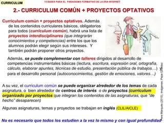 1. CADA ALUMNO CREA SUS APUNTES-VADEMECUM (memoria
externa) donde reúne de manera ordenada y con esquemas todo lo que
crea útil (fórmulas, ejercicios y problemas tipo, ejemplos, conceptos...)
para realizar las actividades prácticas de la asignatura.
El profesor deberá enseñar a los alumnos a crear estos apuntes
3. CADA ALUMNO ELABORA UN GLOSARIO BÁSICO donde
incluye los conceptos y datos que el profesor considere
IMPRESCINDIBLES que memorice o por lo menos conozca y utilice
También es conveniente añadir un RESUMEN DE CADA TEMA.
2. LOS ALUMNOS USAN SIEMPRE APUNTES AL HACER ACTIVIDADES PRÁCTICAS
incluso en los EXÁMENES PRÁCTICOS. Así se harán hábiles en crear y usar apuntes.
Cuando el profesor lo indique usarán también Internet y otras fuentes.
En los proyectos en grupo, utilizarán además todo tipo de fuentes de información
y presentarán el trabajo públicamente en clase (corrección entre todos)
PRINCIPIOS BÁSICOS DEL CURRICULUM BIMODAL
PereMarquès(2014)
4. Y si se hacen EXAMENES MEMORÍSTICOS SOBRE EL GLOSARIO (que se
harán sin apuntes), el 70 % de las preguntas se referirán al contenido del glosario.
 
