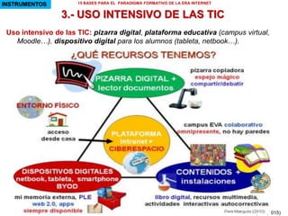 2.- CURRICULUM COMÚN + PROYECTOS OPTATIVOS
No es necesario que todos los estudien a la vez lo mismo y con igual profundidad
CURRICULUM 15 BASES PARA EL PARADIGMA FORMATIVO DE LA ERA INTERNET
PereMarquès(2015).Imágenes:PepeGiráldez
Curriculum común + proyectos optativos. Además
de los contenidos curriculares básicos, obligatorios
para todos (curriculum común), habrá una lista de
proyectos interdisciplinares (que integrarán
conocimientos y competencias) entre los que los
alumnos podrán elegir según sus intereses. Y
también podrán proponer otros proyectos.
Además, se puede complementar con talleres dirigidos al desarrollo de
competencias instrumentales básicas (lectura, escritura, expresión oral, ortografía,
cálculo, elaborar apuntes, técnicas de estudio, presentación pública de trabajos…) y
para el desarrollo personal (autoconocimientos, gestión de emociones, valores…)
A su vez, el curriculum común se puede organizar alrededor de los temas de cada
asignatura, o bien alrededor de centros de interés o de proyectos (curriculum
organizado por proyectos que integran los contenidos de las asignaturas, que “de
hecho” desaparecen)
Algunas asignaturas, temas y proyectos se trabajan en inglés (CLIL/AICLE)
 