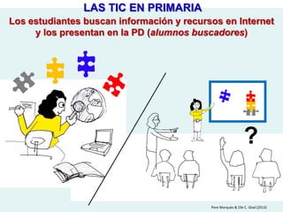 Los alumnos realizan ejercicios autocorrectivos, preparan
sus apuntes y su glosario, hacen su blog…
(trabajo individual con el dispositivo digital)
Pere Marquès Ana Masllorens (2013)
LAS TIC EN PRIMARIA
 