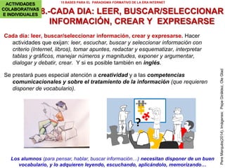 PereMarquès(2015).ImágenesAnaMasllorens
6.- CADA ALUMNO CONSTRUYE SU MEMORIA EXTERNA
Forma parte del proceso de construcción y gestión del conocimiento que va
adquiriendo. Supone: seleccionar la información relevante, estructurar y organizar
lo aprendido, relacionar conceptos, elaborar esquemas que representen su
interpretación del mundo y le ayuden a plantear alternativas antes los problemas y
tomar decisiones.
Según el planteamiento conectivista, no importa que se olviden algunos datos y conceptos,
lo importante es saber encontrar en cada circunstancia la información que se requiere.
ACTIVDADES 15 BASES PARA EL PARADIGMA FORMATIVO DE LA ERA INTERNET
ACTIVIDADES
COLABORATIVAS
E INDIVIDUALES
Cada alumno construye su memoria externa, sus apuntes (primero en
papel y luego digitales -e.portafolio, blog,wiki- complementados por su
PLE), que podrán usar (igual que su memoria) en todas sus actividades (al
estudiar y toda la vida).
 
