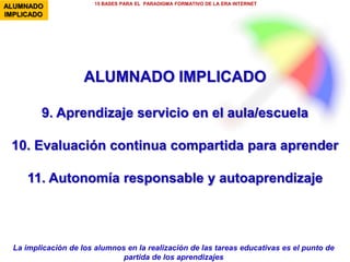 PereMarquès(2015).ImágenesAnaMasllorens
7.- REALIZAR MUCHAS ACTIVIDADES
SIGNIFICATIVAS
Aprender haciendo y de los errores, tomando decisiones, con constancia…
15 BASES PARA EL PARADIGMA FORMATIVO DE LA ERA INTERNET
ACTIVIDADES
COLABORATIVAS
E INDIVIDUALES
Realizar muchas actividades significativas (individuales, colaborativas,
dialógicas) que supongan exponer a los estudiantes a situaciones de la vida
cotidiana y que exijan: observar, conceptualizar, razonamiento crítico, hacerse
preguntas, investigar (método científico), buscar y aplicar conocimientos,
imaginar y crear:.. Y reflexionar sobre ellas.
Las actividades serán de todo tipo: ejercicios, juegos, simulaciones, resolver
problemas, elaborar productos (revista escolar…), desarrollar proyectos (PBL)
en el centro y su entorno, construir nuevos conocimientos…
 