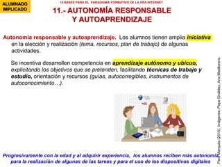PereMarquès(2015).Imágenes:AnaMasllorens,OleGlad
9.- APRENDIZAJE SERVICIO EN EL AULA/ESCUELA
15 BASES PARA EL PARADIGMA FORMATIVO DE LA ERA INTERNET
Ayudando a los demás, se fomenta la responsabilidad, el compromiso y la solidaridad. Los
alumnos descubren y comprueban sus talentos. Y aprenden más.
ALUMNADO
IMPLICADO
Aprendizaje servicio en el aula, en la escuela y en otros entornos de
aprendizaje.
Aprendizaje entre iguales. Orientados por el profesor los alumnos hacen de
tutor (ayudan a compañeros, les ofrecen modelaje), corrigen trabajos,
presentan temas (aula Jigsaw/puzzle…), crean/producen material didáctico
(para los más pequeños),…
Y colaboran en las actividades del centro: son asesores TIC, secretarios, jueces
de conflictos (en asambleas de clase donde también se comentan/pactan las
normas)
 