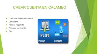 CREAR CUENTA EN CALAMEO
 Cuenta de correo electrónico
 Contraseña
 Nombre y apellido
 Fecha de nacimiento
 País
 