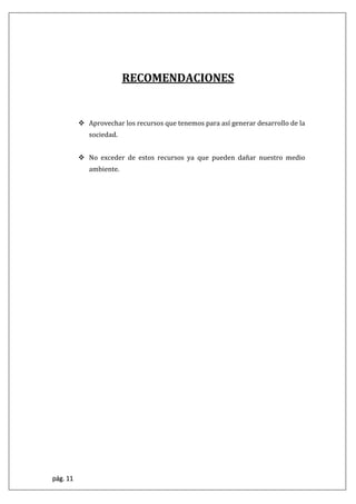 pág. 11
RECOMENDACIONES
 Aprovechar los recursos que tenemos para así generar desarrollo de la
sociedad.
 No exceder de estos recursos ya que pueden dañar nuestro medio
ambiente.
 