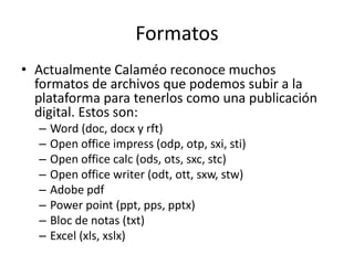 Formatos 
• Actualmente Calaméo reconoce muchos 
formatos de archivos que podemos subir a la 
plataforma para tenerlos como una publicación 
digital. Estos son: 
– Word (doc, docx y rft) 
– Open office impress (odp, otp, sxi, sti) 
– Open office calc (ods, ots, sxc, stc) 
– Open office writer (odt, ott, sxw, stw) 
– Adobe pdf 
– Power point (ppt, pps, pptx) 
– Bloc de notas (txt) 
– Excel (xls, xslx) 
 