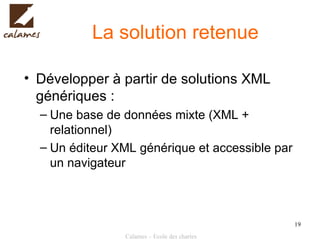 La solution retenue Développer à partir de solutions XML génériques : Une base de données mixte (XML + relationnel)  Un éditeur XML générique et accessible par un navigateur 