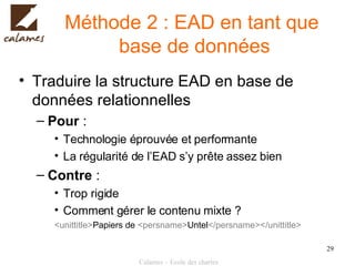 Méthode 2 : EAD en tant que  base de données Traduire la structure EAD en base de données relationnelles Pour  : Technologie éprouvée et performante La régularité de l’EAD s’y prête assez bien Contre  : Trop rigide Comment gérer le contenu mixte ? <unittitle> Papiers de  <persname> Untel </persname></unittitle> 