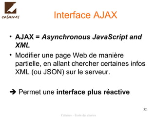 Interface AJAX AJAX =  Asynchronous JavaScript and XML Modifier une page Web de manière partielle, en allant chercher certaines infos XML (ou JSON) sur le serveur.    Permet une  interface plus réactive 