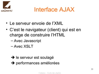 Interface AJAX Le serveur envoie de l’XML C’est le navigateur (client) qui est en charge de construire l’HTML Avec Javascript Avec XSLT   le serveur est soulagé   performances améliorées 