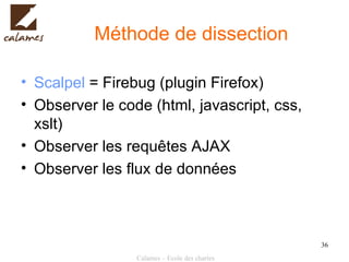 Méthode de dissection Scalpel  = Firebug (plugin Firefox) Observer le code (html, javascript, css, xslt) Observer les requêtes AJAX Observer les flux de données 