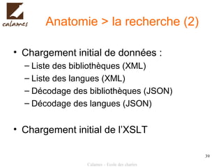 Anatomie > la recherche (2) Chargement initial de données : Liste des bibliothèques (XML) Liste des langues (XML) Décodage des bibliothèques (JSON) Décodage des langues (JSON) Chargement initial de l’XSLT 