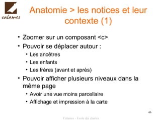 Anatomie > les notices et leur contexte (1) Zoomer sur un composant <c> Pouvoir se déplacer autour : Les ancêtres Les enfants Les frères (avant et après) Pouvoir afficher plusieurs niveaux dans la même page Avoir une vue moins parcellaire Affichage et impression à la carte 