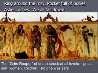 Ring around the rosy, Pocket full of posies
Ashes, ashes…We all fall down!
The “Grim Reaper” of death struck at all levels – priest,
serf, women, children no one was safe
 