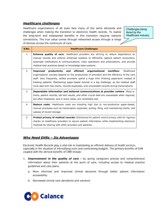 Challenges being
faced by the
Healthcare industry
Healthcare challenges
Healthcare organizations of all sizes face many of the same demands and
challenges when making the transition to electronic health records. To realize
the long-term and widespread benefits in this transition requires network
connections. The true value comes through networked access through a range
of devices across the continuum of care.
S.No. Healthcare Challenges
1 Enhance quality of care: Healthcare providers are striving to reduce dependency on
manual records and enforce enhanced systems to efficiently capture patient encounters,
automate notifications & communications, track operations and prescriptions, and provide
medical best practices based on knowledge base systems.
2 Improved productivity and efficient organizational workflow: Healthcare
organizations’ success depend on the productivity of providers and the efficiency of the care
staff. Very frequently, skilled providers spend a huge time finishing paperwork instead of
treating patients. Maintaining paper-based records is a big challenge, as the medical staff
must deal with lost charts, records duplicates, and unavailable records during transcriptions.
3 Dependable information and bettered communications at provider centers: Many-a-
times, patient records, lab test results, and other crucial data are unavailable when required,
are often misplaced, and in some cases, are completely lost.
4 Reduce costs: Healthcare costs are shooting high due to non-productive paper-based,
manual processes such as transcription expenses; pulling, filing, and maintaining charts; and
upkeep of record storage.
5 Protect privacy of medical records: Ordinances for patient record privacy calls for rigorous
checks on healthcare providers to secure patient information while implementing electronic
methods for sharing with other providers and patients.
Why Need EHRs – Its Advantages
Electronic Health Records play a vital role in maintaining an efficient delivery of health services,
especially in the situation of intensifying costs and constraining budgets. The primary benefits of EHR
coupled with the derived benefits of EMR include:
1. Improvement in the quality of care - by giving caregivers precise and comprehensive
information about their patients at the point of care, including access to medical practice
guidelines and care plans.
a. More informed and improved clinical decisions through better patient information
accessibility
b. Decreased clinical care deviations and variance
 