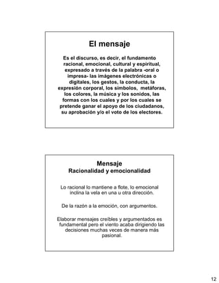 12
El mensaje
Es el discurso, es decir, el fundamento
racional, emocional, cultural y espiritual,
expresado a través de la palabra -oral o
impresa- las imágenes electrónicas o
digitales, los gestos, la conducta, la
expresión corporal, los símbolos, metáforas,
los colores, la música y los sonidos, las
formas con los cuales y por los cuales se
pretende ganar el apoyo de los ciudadanos,
su aprobación y/o el voto de los electores.
Mensaje
Racionalidad y emocionalidad
Lo racional lo mantiene a flote, lo emocional
inclina la vela en una u otra dirección.
De la razón a la emoción, con argumentos.
Elaborar mensajes creíbles y argumentados es
fundamental pero el viento acaba dirigiendo las
decisiones muchas veces de manera más
pasional.
 