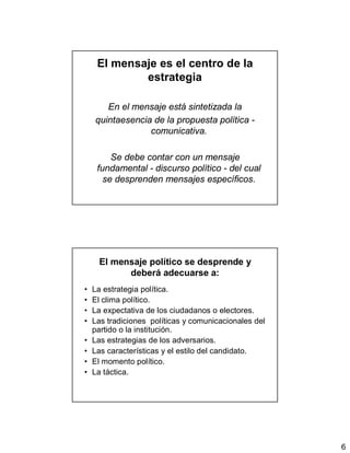 6
El mensaje es el centro de la
estrategia
En el mensaje está sintetizada la
quintaesencia de la propuesta política -
comunicativa.
Se debe contar con un mensaje
fundamental - discurso político - del cual
se desprenden mensajes específicos.
El mensaje político se desprende y
deberá adecuarse a:
• La estrategia política.
• El clima político.
• La expectativa de los ciudadanos o electores.
• Las tradiciones políticas y comunicacionales del
partido o la institución.
• Las estrategias de los adversarios.
• Las características y el estilo del candidato.
• El momento político.
• La táctica.
 