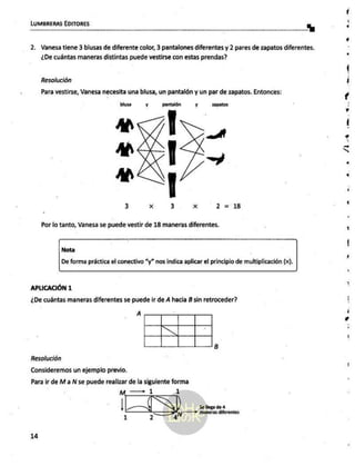 LUMBRERAS EDITORES a
2. Vanesa tiene 3 blusas de diferente color, 3 pantalones diferentes y 2 pares de zapatos diferentes.
¿De cuántas maneras distintas puede vestirse con estas prendas?
Resolución
Para vestirse, Vanesa necesita una blusa, un pantalón y un par de zapatos. Entonces:
An A
a
AN
3 Xx 3 Xx 2 18
3
Por lo tanto, Vanesa se puede vestir de 18 maneras diferentes.
Nota
De forma práctica el conectivo “y” nos indica aplicar el principio de multiplicación (x).
APLICACIÓN 1
¿De cuántas maneras diferentes se puede ir de A hacia B sin retroceder?
A
B
Resolución
Consideremos un ejemplo previo.
Para ir de M a Ñ se puede realizar de la siguiente forma
m__—>1 A
| ( Se llega de 4
+* maneras
1 2 4
14
la
cl
e
de
£l
-'Ú
al
 