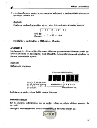 A ANÁLISIS COMBINATORIO
2. ¿Cuántas palabras se pueden formar ordenando las letras de la palabra ALIENTO, sin importar
que tengan sentido o no?
Resolución
Para formar palabras (con sentido o no), las 7 letras de la palabra ALIENTO deben permutar.
[afiu[i efe [r[o]
Va
Total de
formas
o
= P,=
71 = 5040
Por lo tanto, se pueden ubicar de 5040 maneras diferentes.
APLICACIÓN 3
Luis ha adquirido 4 libros de fisica diferentes y 3 libros de química también diferentes. Si debe ubi-
carlos en un estante con espacio para 7 libros, ¿de cuántas maneras diferentes podrá ubicarlos si los
libros de química deben ir juntos?
Resolución
Gráficamente tendríamos:
5e toma como un solo elemento =]
Como los de quimica forman * =" .
un solo elemento, entonces (N.* de maneras) = 51 Xx 31 = 720
habrian 5 elementos (4Fy10) _______ 1 |
que permutan. Permutan los libros de A
Por lo tanto, se pueden ordenar de 720 maneras diferentes.
Permutación circular
Son los diferentes ordenamientos que se pueden realizar con objetos distintas alrededor de
un círculo.
Si n objetos diferentes se deben ordenar circularmente, se denotará y calculará así:
17
 