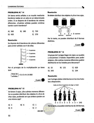 LUMBRERAS EDITORES
e
PROBLEMA N.* 14 Resolución
Un barco envía señales a un muelle mediante Sedeben distribuir dos objetos
A y B entres cajas.
banderas izadas en un asta en un determinado Caja 1 Caja 2 Caja 3
orden. 5i se dispone de 6 banderas de colores
diferentes. ¿Cuántas señales pueden emitirse
izando cuatro banderas?
Aj 360 B) 180 C) 720
D) 420 E) 270
Resolución
Se dispone de 6 banderas de colores diferentes
para emitir señales con 4 de ellas.
Por el principio de la multiplicación se tiene
que:
Total de )> 6x5x4x3=360
señales
_cuve Y)
PROBLEMA N.* 15
" Setienen 3 cajas. ¿De cuántas maneras diferen-
tes se pueden distribuir dos objetos A y B en di-
chas cajas, pudiendo ser que ambos queden en
una misma caja?
A]
3
D)
9
Cc) 1
Ej 2
UNI 1997 -1
B)
6
32
“===Y
q. 3 <= 9 oopdones
opciones opciones
Por lo tanto, se pueden distribuir de 9 formas
distintas.
_Cuve
)
PROBLEMA N.? 16
Un grupo de 5 amigos llegan de viaje a un pueblo
y encuentran 3 hoteles disponibles para poder
alojarse. ¿De cuántas maneras diferentes podrán
distribuirse en los hoteles para descansar?
A) 15 B) 125 C) 620
D) 243 E) 234
Resolución
Los 5 amigos deben distribuirse en los tres hote-
les a disposición.
Cada uno tiene 3 opciones de elegir un hotel
ADS E
3x3x3x3 x3= 243
Por lo tanto, se pueden distribuirse de 243 formas.
_cuveY)
 