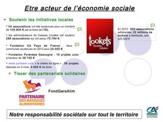 Etre acteur de l’économie sociale
 Soutenir les initiatives locales
  54 associations ont été soutenues pour un montant
 de 105.900 € par le biais de l’IDL                        En 2012 : 500 associations
                                                           adhérentes, 22 millions de
  les administrateurs de Caisses Locales ont soutenu      ŧookets à distribués, soit
 288 associations qui ont perçu 75.764 €                   220.000 €

  Fondation CA Pays de France : deux
 communes soutenues en 2012 pour 20.000 €

  Fondation Pyrénées Gascogne : 19 projets aidés
 à hauteur de 38.100 €
  www.pelikam.com « la tirelire en ligne » : 39 projets
 déposés en 2 mois. 3.920 € de dons

   Tisser des partenariats solidaires



                                 FondGersAlim




   Notre responsabilité sociétale sur tout le territoire
 