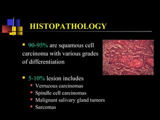 SUPRAGLOTTIC CARCINOMA
 Less frequent than the glottic cancer
 Spreads locally and invades
adjoining areas
 Nodal metastasis occurs early
 Symptoms
 Hoarseness, throat pain, dysphagia, neck nodes,
referred pain in ear, wt loss, and respiratory obstruction
 