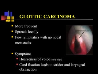 SUBGLOTTIC CARCINOMA
 Rare (1-2%)
 Invades cricothyriod membrane, thyroid gland and strap
muscles of neck
 Lymphatic metastasis
 Prelaryngeal
 Paratracheal
 Lower jugular nodes
 Symptoms
 Stridor or laryngeal obstruction
 Hoarseness (late feature)
 