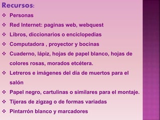 Recursos:
 Personas
 Red Internet: paginas web, webquest
 Libros, diccionarios o enciclopedias
 Computadora , proyector y bocinas
 Cuaderno, lápiz, hojas de papel blanco, hojas de
colores rosas, morados etcétera.
 Letreros e imágenes del día de muertos para el
salón
 Papel negro, cartulinas o similares para el montaje.
 Tijeras de zigzag o de formas variadas
 Pintarrón blanco y marcadores
 