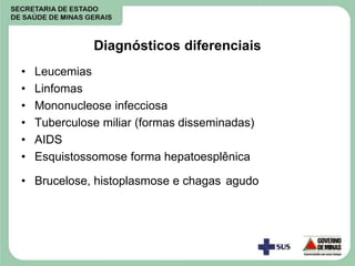 Diagnósticos diferenciais
• Leucemias
• Linfomas
• Mononucleose infecciosa
• Tuberculose miliar (formas disseminadas)
• AIDS
• Esquistossomose forma hepatoesplênica
• Brucelose, histoplasmose e chagas agudo
 