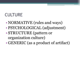 CULTURE
• NORMATIVE (rules and ways)
• PSYCHOLOGICAL (adjustment)
• STRUCTURE (pattern or
organization culture)
• GENERIC (as a product of artifact)
 