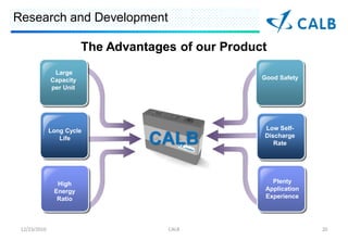 Research and Development

                         The Advantages of our Product
               Large
              Capacity                               Good Safety
              per Unit




              Long Cycle                             Low Self-
                 Life
                                   CALB              Discharge
                                                        Rate




                High                                    Plenty
               Energy                                 Application
                Ratio                                 Experience




 12/23/2010                           CALB                          20
 