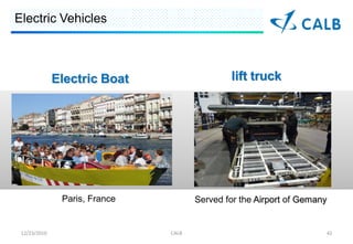 Electric Vehicles



              Electric Boat                   lift truck




               Paris, France          Served for the Airport of Gemany


 12/23/2010                    CALB                                  42
 