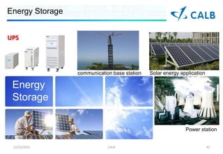 Energy Storage


UPS




                 communication base station   Solar energy application

 Energy
 Storage

                                                             Power station


 12/23/2010                  CALB                                        43
 