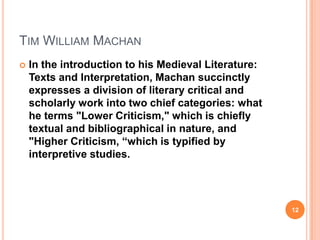 TIM WILLIAM MACHAN


In the introduction to his Medieval Literature:
Texts and Interpretation, Machan succinctly
expresses a division of literary critical and
scholarly work into two chief categories: what
he terms "Lower Criticism," which is chiefly
textual and bibliographical in nature, and
"Higher Criticism, “which is typified by
interpretive studies.

12

 