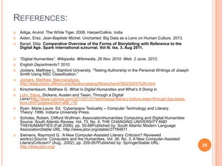 REFERENCES:

















Adiga, Arvind. The White Tiger. 2008. HarperCollins. India
Aiden, Erez, Jean-Baptiste Michel. Uncharted: Big Data as a Lens on Human Culture. 2013.
Barad, Dilip. Comparative Overview of the Forms of Storytelling with Reference to the
Digital Age. Spark International eJournal. Vol III. Iss. 3. Aug 2011.
―Digital Humanities‖. Wikipedia. Wikimedia, 26 Nov. 2010. Web. 2 June. 2012.
English Departments? 2010.
Jockers, Matthew L. Stanford University. ―Testing Authorship in the Personal Writings of Joseph
Smith Using NSC Classification.‖
Jockers, Matthew. Macroanalysis.
http://www.press.uillinois.edu/books/catalog/88wba3wn9780252037528.html
Kirschenbaum, Matthew G. What Is Digital Humanities and What’s It Doing in
Lohr, Steve. Dickens, Austen and Twain, Through a Digital
Lens>http://www.nytimes.com/2013/01/27/technology/literary-history-seen-through-big-dataslens.html?pagewanted=all&_r=0
Ryan, Marie-Laure. Ed. ‗Cyberspace Textuality – Computer Technology and Literary
Theory‘.1999. Indiana University Press.
Scholes, Robert, Clifford Wulfman. AssociationHumanities Computing and Digital Humanities
Source: South Atlantic Review, Vol. 73, No. 4, THE CHANGING UNIVERSITY AND
THEHUMANITIES (Fall 2008), pp. 50-66Published by: South Atlantic Modern Language
AssociationStable URL: http://www.jstor.org/stable/27784811 .
Siemens, Raymond G. ‗A New Computer-Assisted Literary Criticism? Reviewed
work(s):Source: Computers and the Humanities, Vol. 36, No. 3, A New Computer-Assisted
LiteraryCriticism? (Aug., 2002), pp. 259-267Published by: SpringerStable URL:
http://www.jstor.org/

29

 
