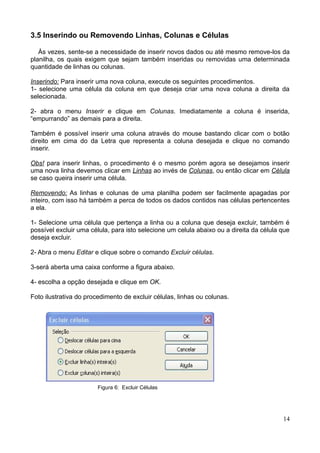 3.5 Inserindo ou Removendo Linhas, Colunas e Células
Às vezes, sente-se a necessidade de inserir novos dados ou até mesmo remove-los da
planilha, os quais exigem que sejam também inseridas ou removidas uma determinada
quantidade de linhas ou colunas.
Inserindo: Para inserir uma nova coluna, execute os seguintes procedimentos.
1- selecione uma célula da coluna em que deseja criar uma nova coluna a direita da
selecionada.
2- abra o menu Inserir e clique em Colunas. Imediatamente a coluna é inserida,
“empurrando” as demais para a direita.
Também é possível inserir uma coluna através do mouse bastando clicar com o botão
direito em cima do da Letra que representa a coluna desejada e clique no comando
inserir.
Obs! para inserir linhas, o procedimento é o mesmo porém agora se desejamos inserir
uma nova linha devemos clicar em Linhas ao invés de Colunas, ou então clicar em Célula
se caso queira inserir uma célula.
Removendo: As linhas e colunas de uma planilha podem ser facilmente apagadas por
inteiro, com isso há também a perca de todos os dados contidos nas células pertencentes
a ela.
1- Selecione uma célula que pertença a linha ou a coluna que deseja excluir, também é
possível excluir uma célula, para isto selecione um celula abaixo ou a direita da célula que
deseja excluir.
2- Abra o menu Editar e clique sobre o comando Excluir células.
3-será aberta uma caixa conforme a figura abaixo.
4- escolha a opção desejada e clique em OK.
Foto ilustrativa do procedimento de excluir células, linhas ou colunas.
Figura 6: Excluir Células
14
 
