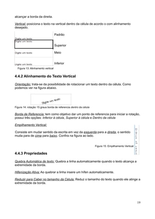 alcançar a borda da direita.
Vertical: posiciona o texto na vertical dentro da célula de acordo o com alinhamento
desejado.
Padrão
Superior
Meio
Inferior
Figura 13: Alinhamento vertical
4.4.2 Alinhamento do Texto Vertical
Orientação: trata-se da possibilidade de rotacionar um texto dentro da célula. Como
podemos ver na figura abaixo.
Figura 14: rotação 15 graus borda de referencia dentro da célula
Borda de Referencia: tem como objetivo dar um ponto de referencia para iniciar a rotação,
possui três opções: Inferior à célula, Superior à célula e Dentro da célula
Empilhamento Vertical:
Consiste em mudar sentido da escrita em vez da esquerda para a direita, o sentido
muda para de cima para baixo. Confira na figura ao lado.
Figura 15: Empilhamento Vertical
4.4.3 Propriedades
Quebra Automática de texto: Quebra a linha automaticamente quando o texto alcança a
extremidade da borda.
Hifenização Ativa: Ao quebrar a linha insere um hífen automaticamente.
Reduzir para Caber no tamanho da Célula: Reduz o tamanho do texto quando ele atinge a
extremidade da borda.
19
 